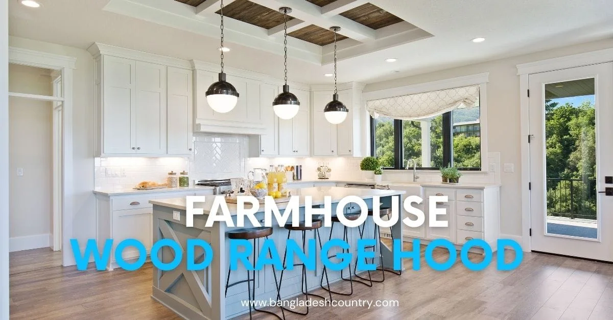 A modern farmhouse kitchen with white shaker cabinets, a light gray island with X-panel details, three black pendant lights, and a wood-paneled coffered ceiling.