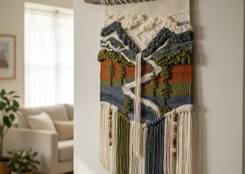 Close-up of a modern fiber art wall hanging featuring textured natural fibers like wool and cotton, with intricate weaving, macrame knots, and fringed details in neutral, earthy tones, perfect for bohemian or minimalist decor.