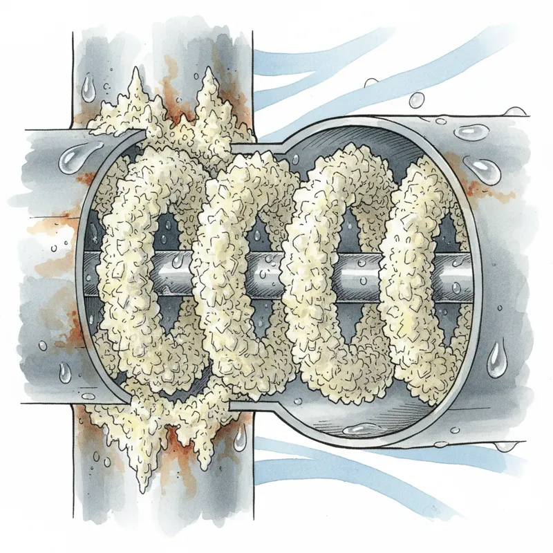 Close-up of hard water scale buildup inside a pipe or on a heating element, showing crystalline deposits.