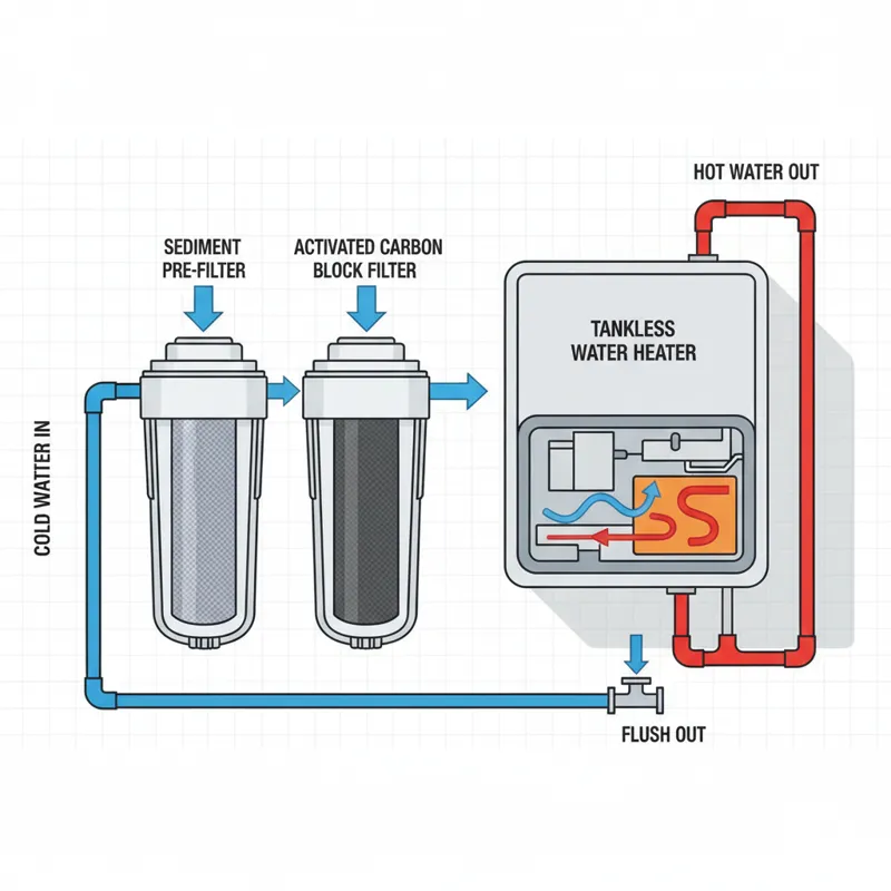 Diagram showing a tankless water heater connected to a pre-filter system, illustrating water flow and filtration stages.