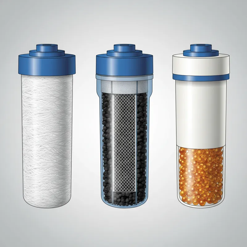 Side-by-side comparison of different filter cartridges: a spun polypropylene sediment filter, a granular activated carbon filter, and a TAC cartridge.