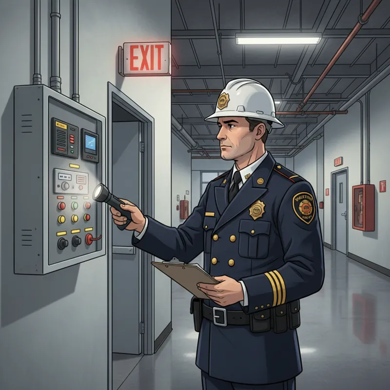 A professional-looking fire marshal in uniform, possibly with a clipboard, inspecting a commercial building's fire alarm panel or exit sign, with a fo