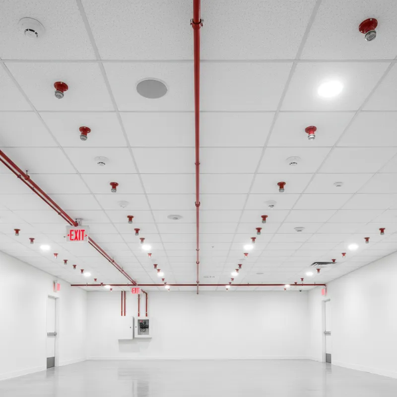 An overhead shot of a commercial building with a clear focus on fire safety elements like sprinkler systems, smoke detectors, and clearly marked exit