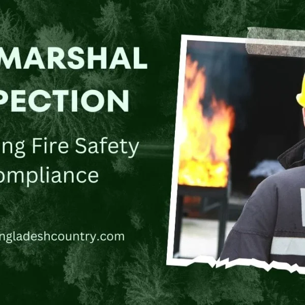 A graphic featuring 'FIRE MARSHAL INSPECTION Ensuring Fire Safety Compliance' with an embedded photo of a person wearing a yellow hard hat and fire marshal jacket watching a controlled fire during a training exercise.
