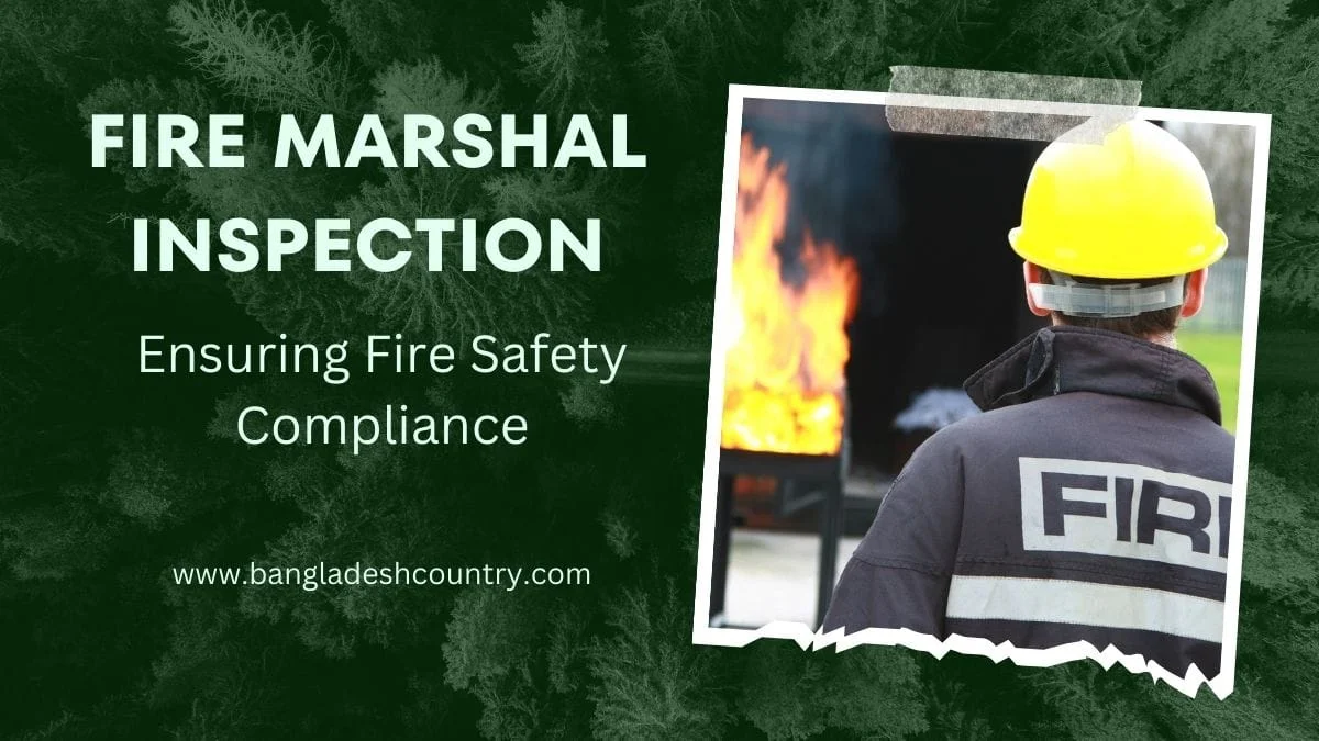 A graphic featuring 'FIRE MARSHAL INSPECTION Ensuring Fire Safety Compliance' with an embedded photo of a person wearing a yellow hard hat and fire marshal jacket watching a controlled fire during a training exercise.