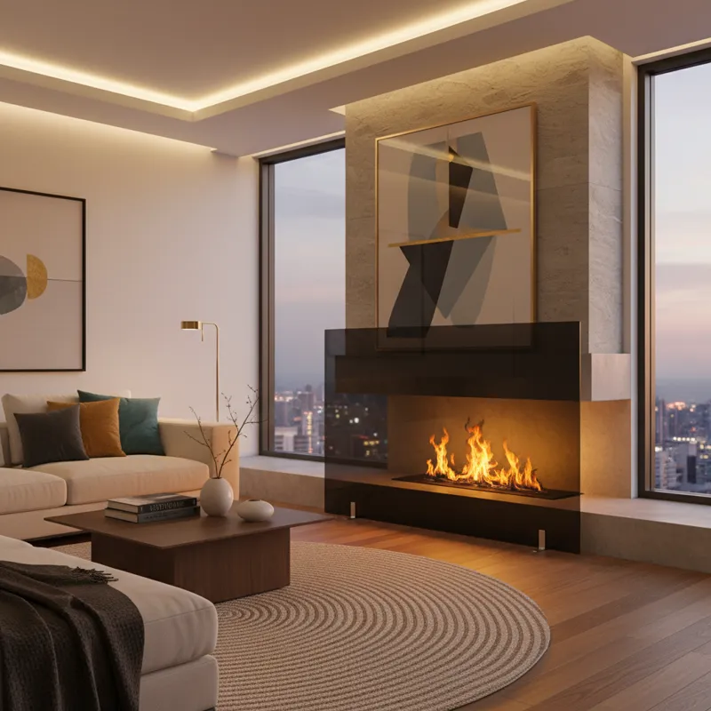 A detailed image showing a modern living room with a lit fireplace, featuring a sleek, black, flat-panel fireplace screen in front of it. The screen e