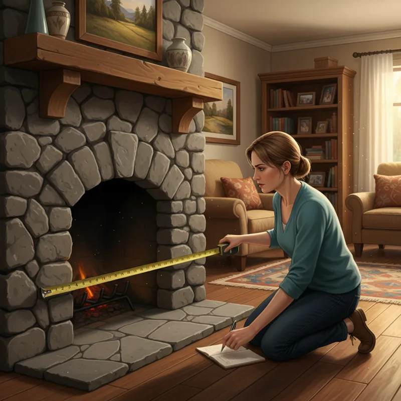 A close-up, well-lit image of a homeowner measuring the opening of their fireplace with a tape measure, demonstrating careful attention to dimensions.