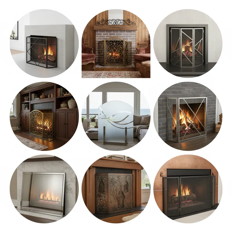 A visually appealing collage featuring 10 different styles of fireplace screens. Each screen is distinct, showcasing variety from minimalist glass, cl