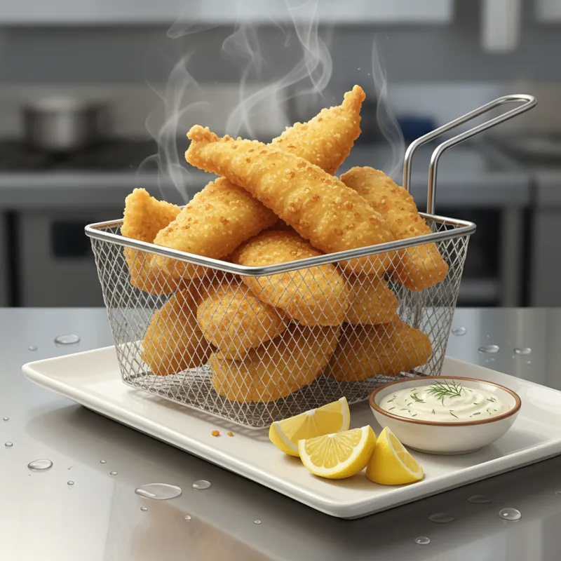 A close-up shot of a stainless steel deep fryer basket overflowing with golden-brown, crispy fried fish fillets, steam gently rising, with a side of l