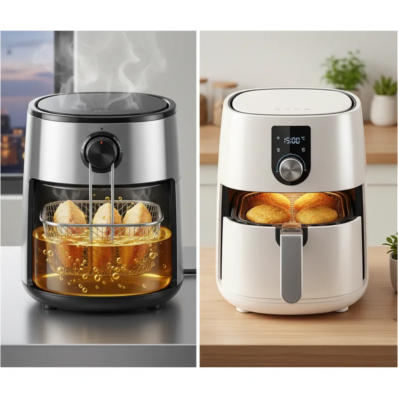 A split image showing two cooking methods side-by-side. On the left, a modern electric deep fryer with a basket submerging fish in bubbling oil. On th