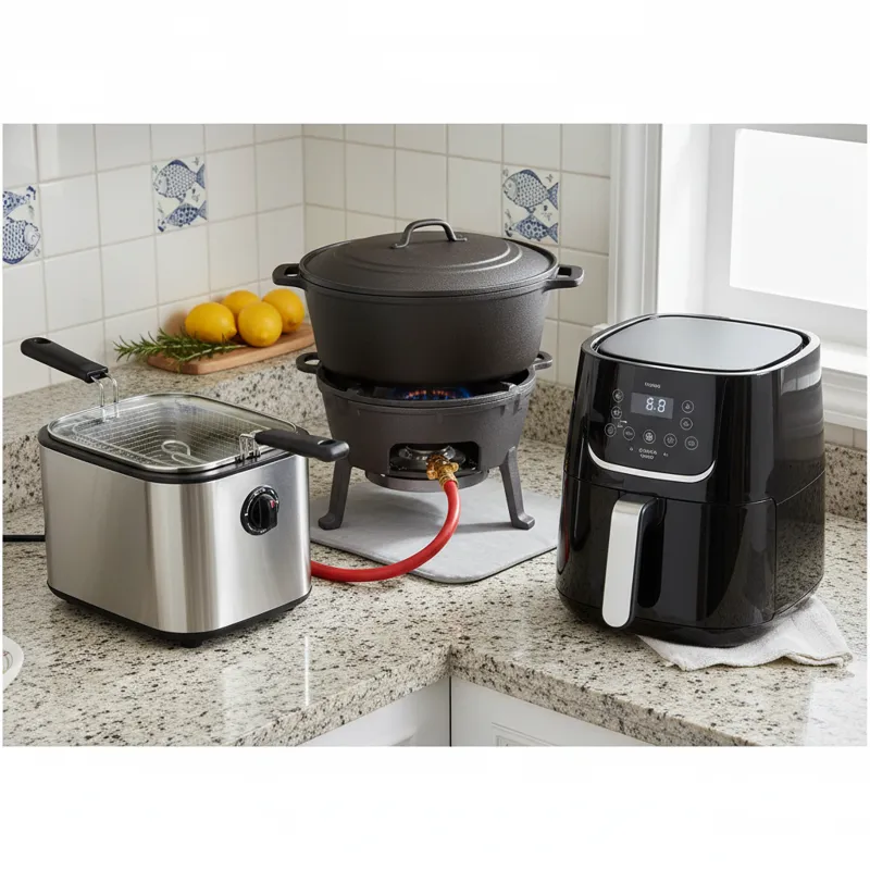 A well-organized kitchen countertop displaying various types of fish fryers: a compact electric deep fryer, a larger outdoor propane cooker with a rob