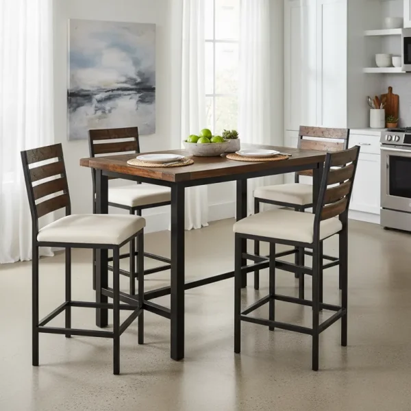 A modern five-piece counter height dining set featuring a rectangular table and four upholstered stools, perfect for casual dining and smaller spaces.