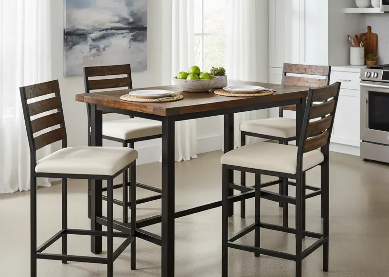 A modern five-piece counter height dining set featuring a rectangular table and four upholstered stools, perfect for casual dining and smaller spaces.
