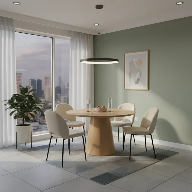 A stylish, compact five piece dining set in a modern apartment, showing the table and four chairs arranged neatly in a smaller dining area.