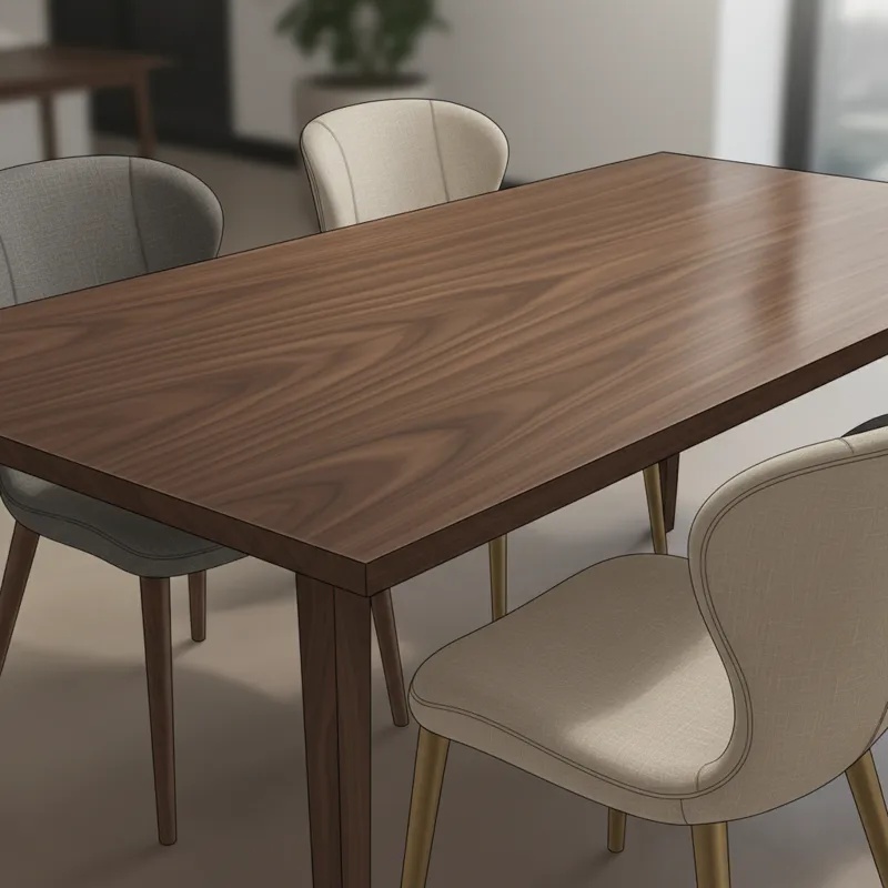 A detailed close-up shot of a well-crafted wooden dining table surface with elegant grain, alongside two upholstered dining chairs showcasing their er