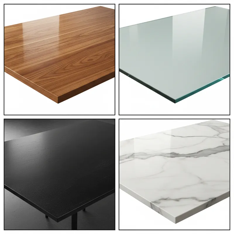 A collage or side-by-side comparison image featuring close-ups of different dining table materials: rich solid wood, sleek tempered glass, robust blac