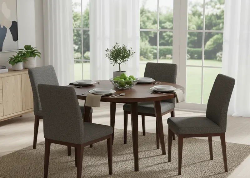 A modern five-piece dining set featuring a rectangular dark wood table and four matching upholstered dining chairs, ideal for small kitchens or dining rooms.