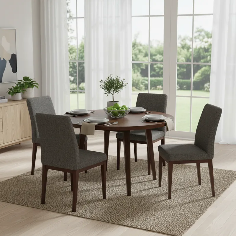 A modern five-piece dining set featuring a rectangular dark wood table and four matching upholstered dining chairs, ideal for small kitchens or dining rooms.