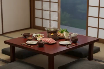 Low wooden floor dining table with cushions arranged around it, designed for a traditional Japanese or modern minimalist dining experience. The table is set on a light-colored floor, creating a cozy and intimate atmosphere.