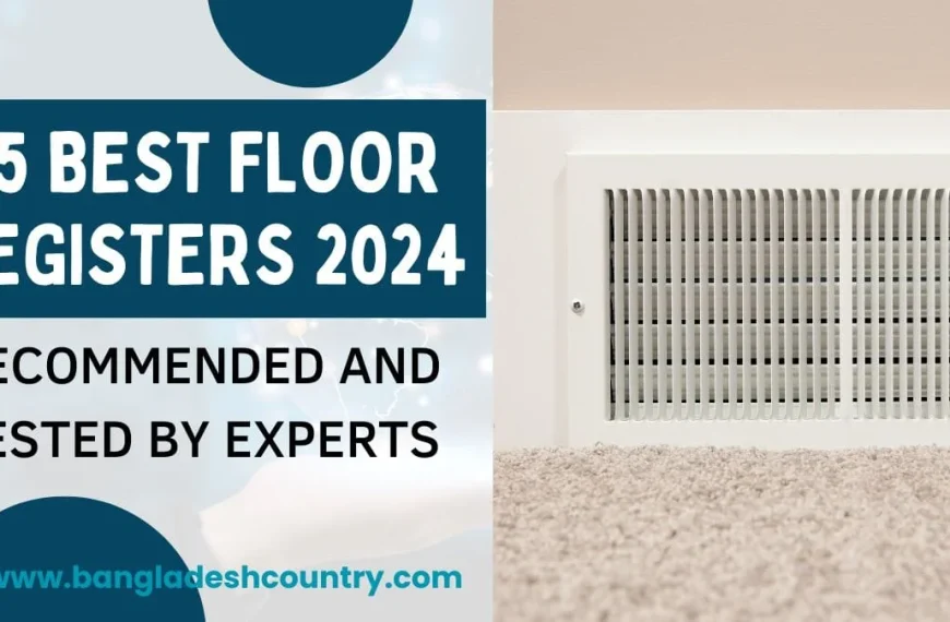 A white HVAC floor register (vent cover) installed in a beige carpeted floor. The image also features a prominent text overlay: '15 BEST FLOOR REGISTERS 2024 RECOMMENDED AND TESTED BY EXPERTS' and 'www.bangladeshcountry.com'.