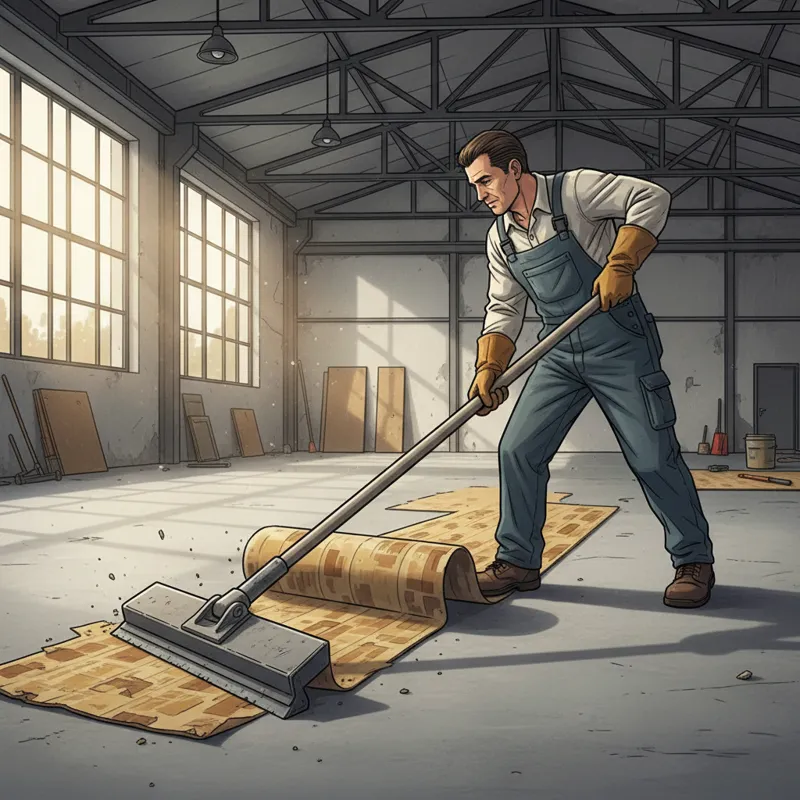 A professional worker using a long-handle manual floor scraper to remove old vinyl flooring from a concrete subfloor, showing a clean separation.