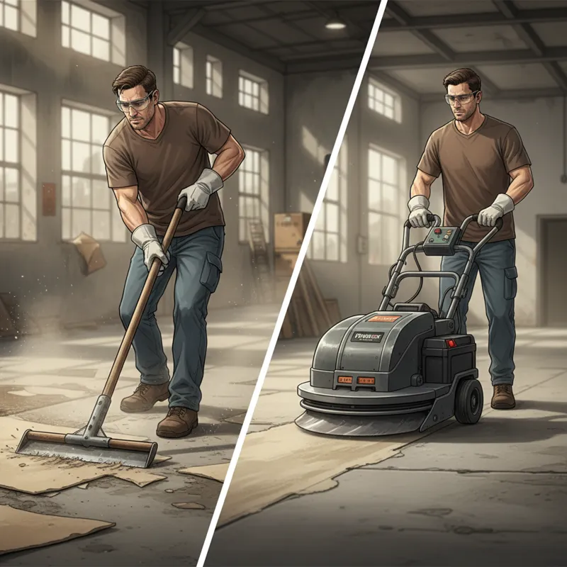 A side-by-side comparison image showing a skilled user operating a long-handle manual floor scraper and another user operating a compact walk-behind e