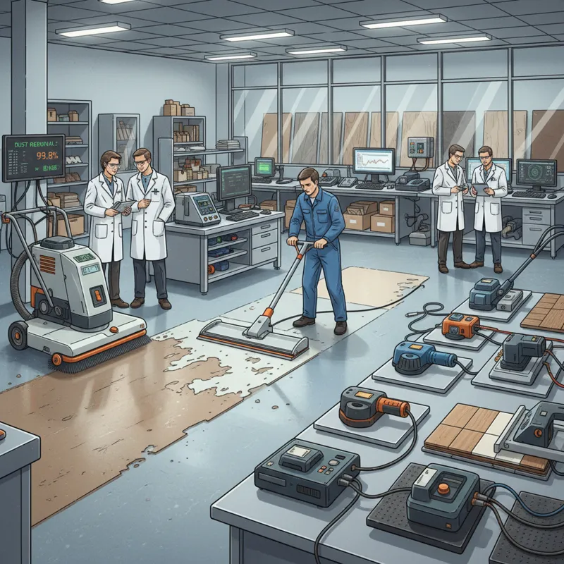A laboratory-like setting where various floor scrapers (manual and powered) are being tested on different flooring samples, with technicians observing