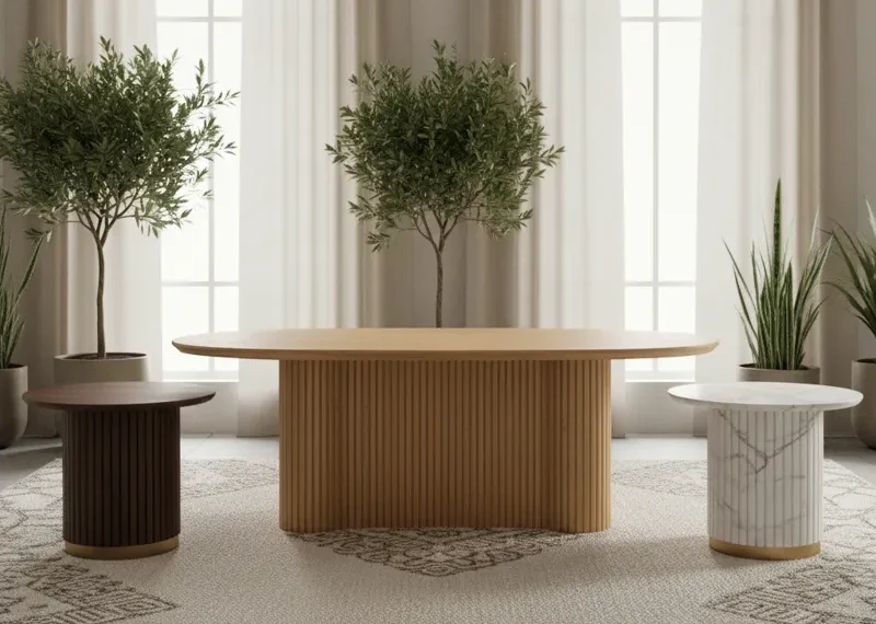 Elegant round fluted dining table made of light natural wood, featuring a beautifully crafted pedestal base with vertical grooves, perfect for a modern dining room.