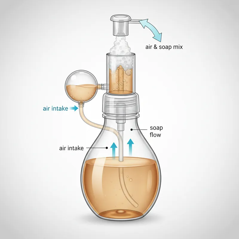 A cutaway diagram illustrating the internal mechanics of a manual foaming soap dispenser, showing the pump, air chamber, and soap reservoir, with arro