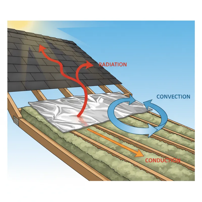 A diagram illustrating heat transfer types (conduction, convection, radiation) in a home attic, with a focus on how a reflective foil surface blocks r