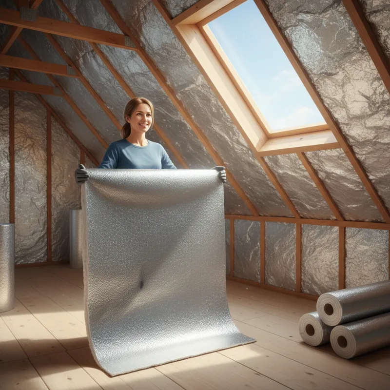A homeowner smiling while holding a section of foil insulation roll in a bright, well-insulated attic space, suggesting comfort and savings.