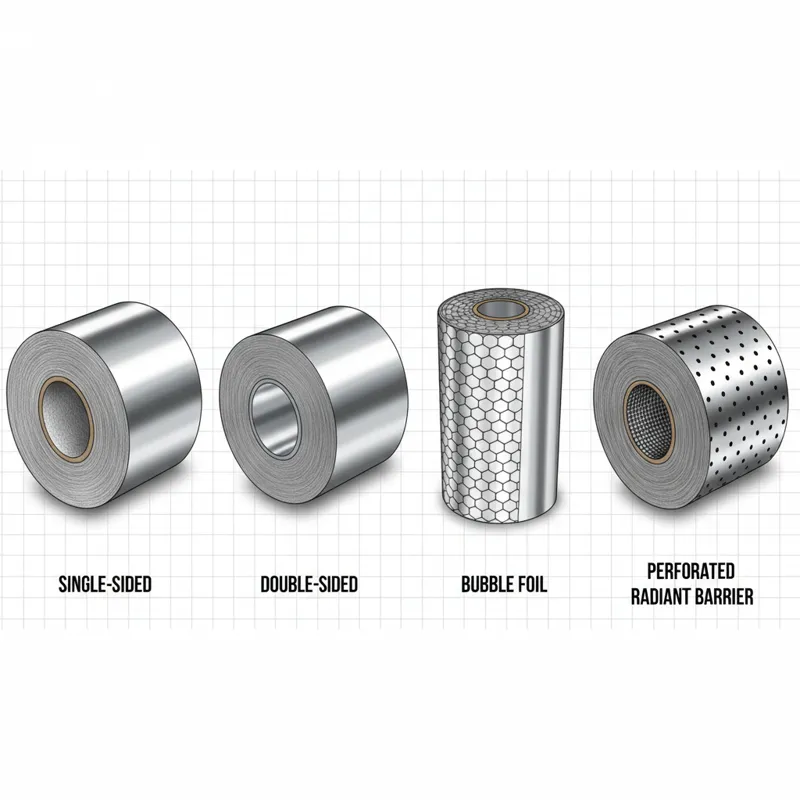 A collage of different types of foil insulation rolls: single-sided, double-sided, bubble foil, and a roll of perforated radiant barrier, clearly labe