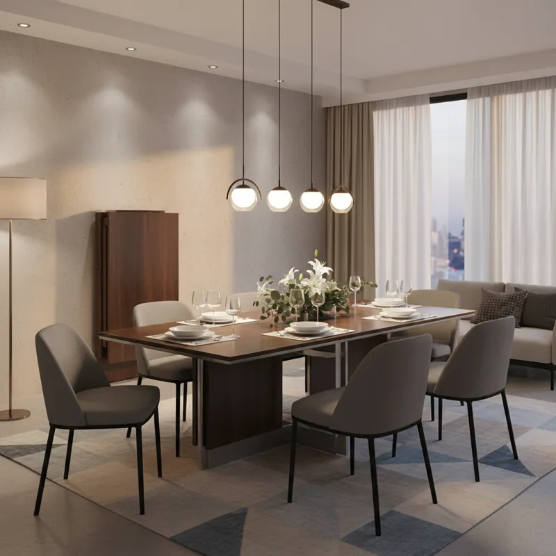 A stylish, modern apartment living room with a foldable dining table for 6 fully extended and set for a dinner party, showing comfortable chairs and w