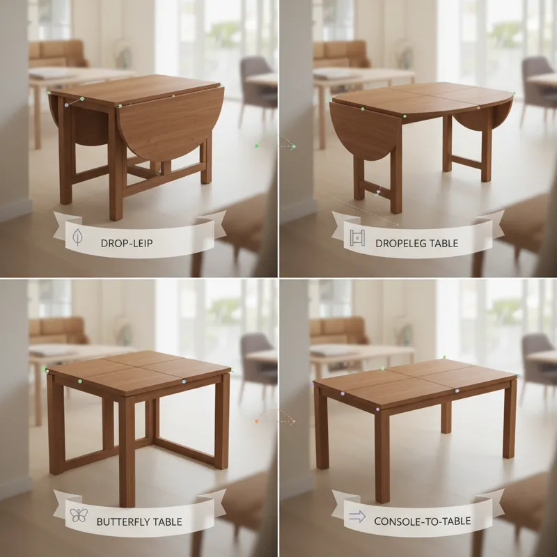 A collage of four different foldable dining table types (drop-leaf, gateleg, butterfly, console-to-table), each shown in both its folded and extended