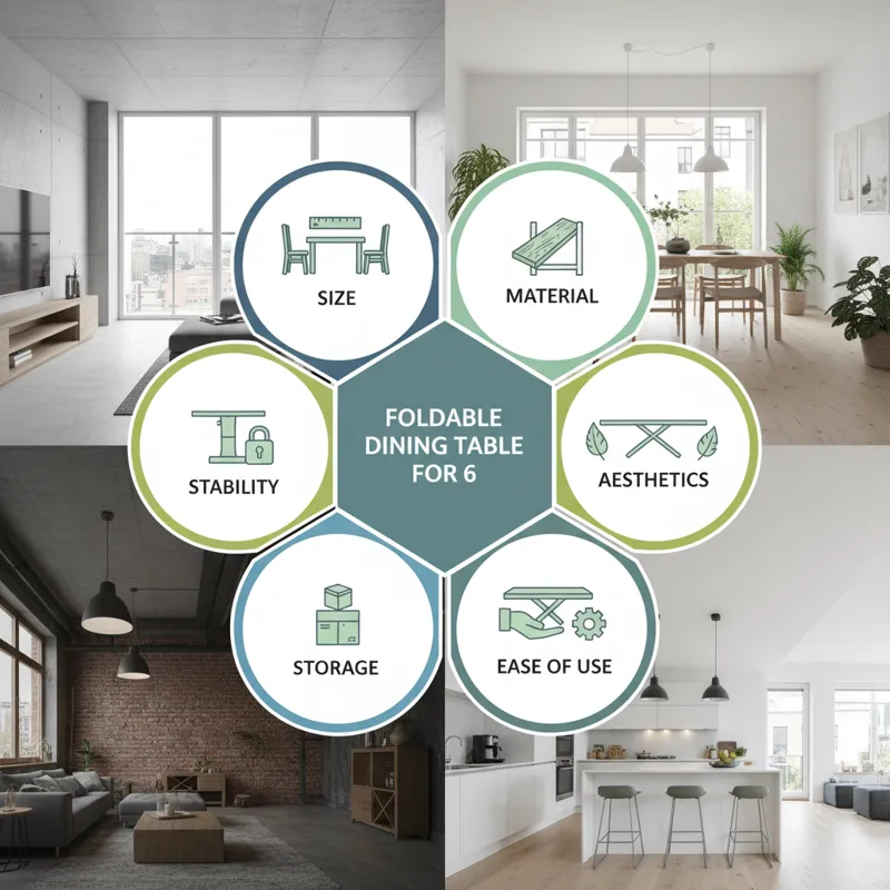 A detailed infographic showing different key factors to consider when buying a foldable dining table for 6, with icons for size, material, stability,