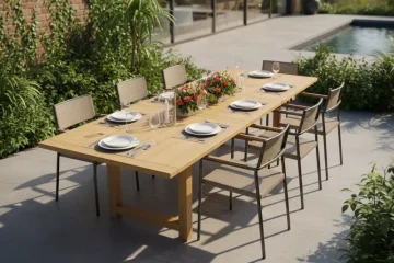 Modern foldable dining table for 6 people, made of light wood, shown expanded in a contemporary dining room with chairs around it.