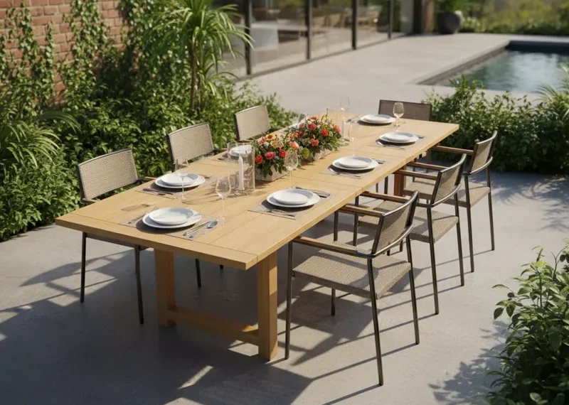 Modern foldable dining table for 6 people, made of light wood, shown expanded in a contemporary dining room with chairs around it.