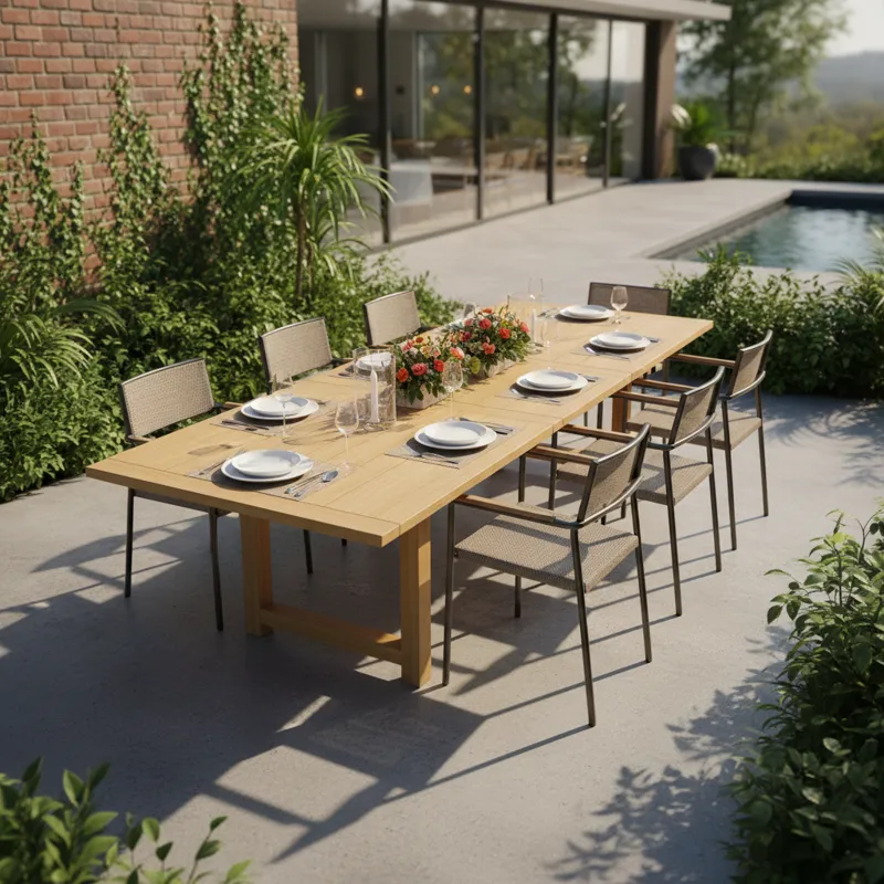 Modern foldable dining table for 6 people, made of light wood, shown expanded in a contemporary dining room with chairs around it.