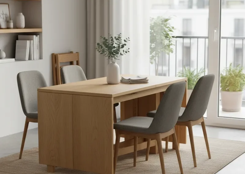 Modern wooden foldable dining table in a compact apartment dining area, showcasing its space-saving design. The table is shown partially folded, illustrating its versatility for small kitchens or multi-purpose rooms. Ideal for maximizing space.
