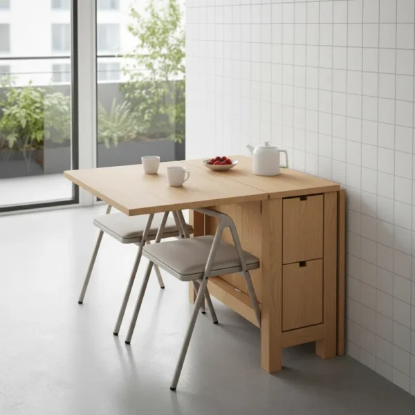 A modern, foldable kitchen table with a wooden top and white legs, perfectly suited for small apartments and compact spaces. The image shows the table both in its space-saving folded position and unfolded, ready for dining or work.