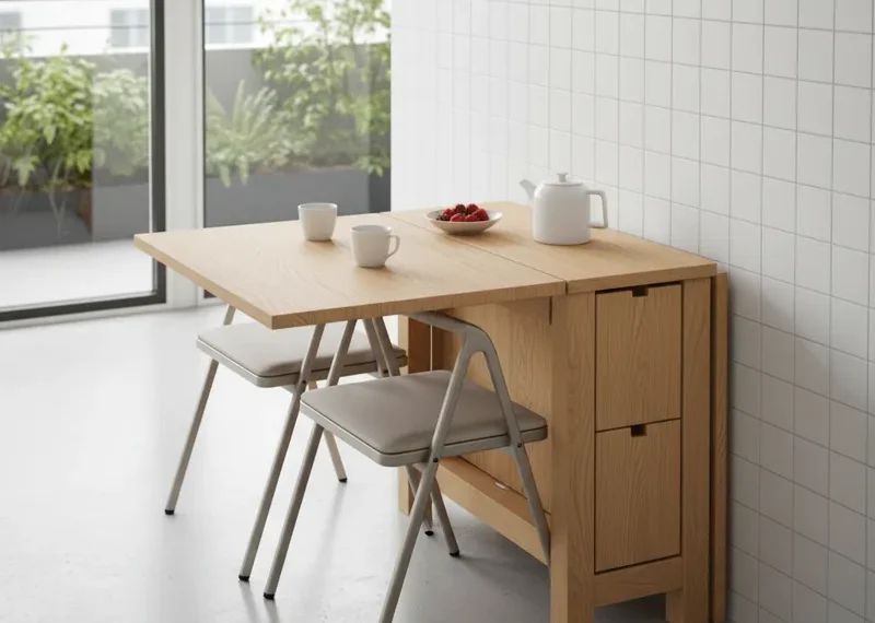 A modern, foldable kitchen table with a wooden top and white legs, perfectly suited for small apartments and compact spaces. The image shows the table both in its space-saving folded position and unfolded, ready for dining or work.