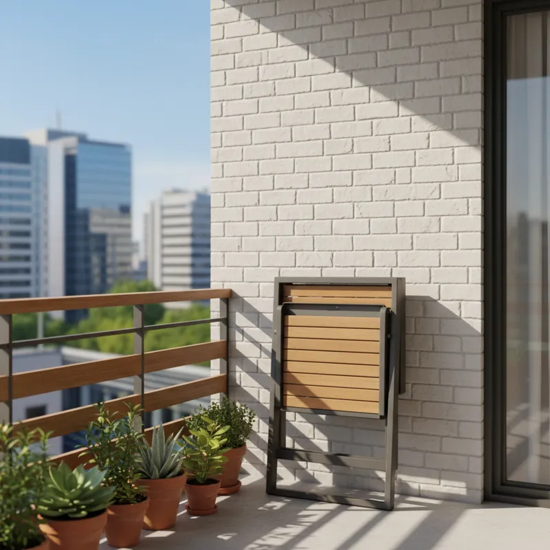A sleek, modern folding outdoor patio table and chairs set neatly folded and stacked against a wall on a small urban balcony, showcasing compact stora