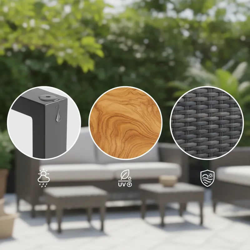 Close-up shots of various materials used in folding outdoor patio table and chairs: smooth powder-coated aluminum, grainy acacia wood, and textured sy