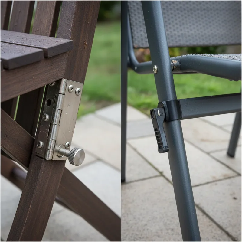 A detailed close-up of a robust, rust-resistant hinge mechanism on a folding outdoor patio table, highlighting its precision engineering and smooth op