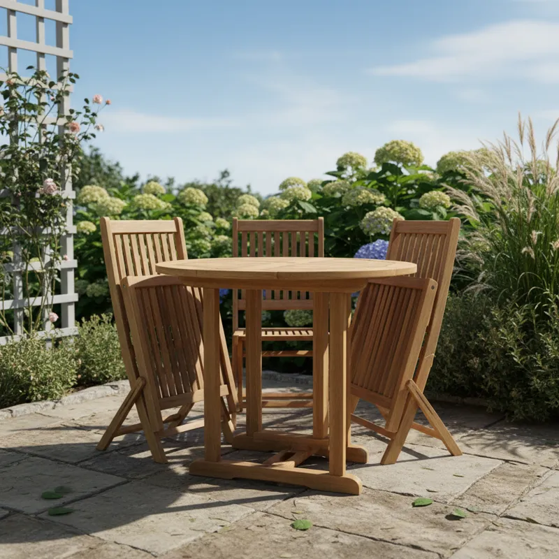 Folding outdoor patio table and chairs set, compactly stored for space-saving convenience.