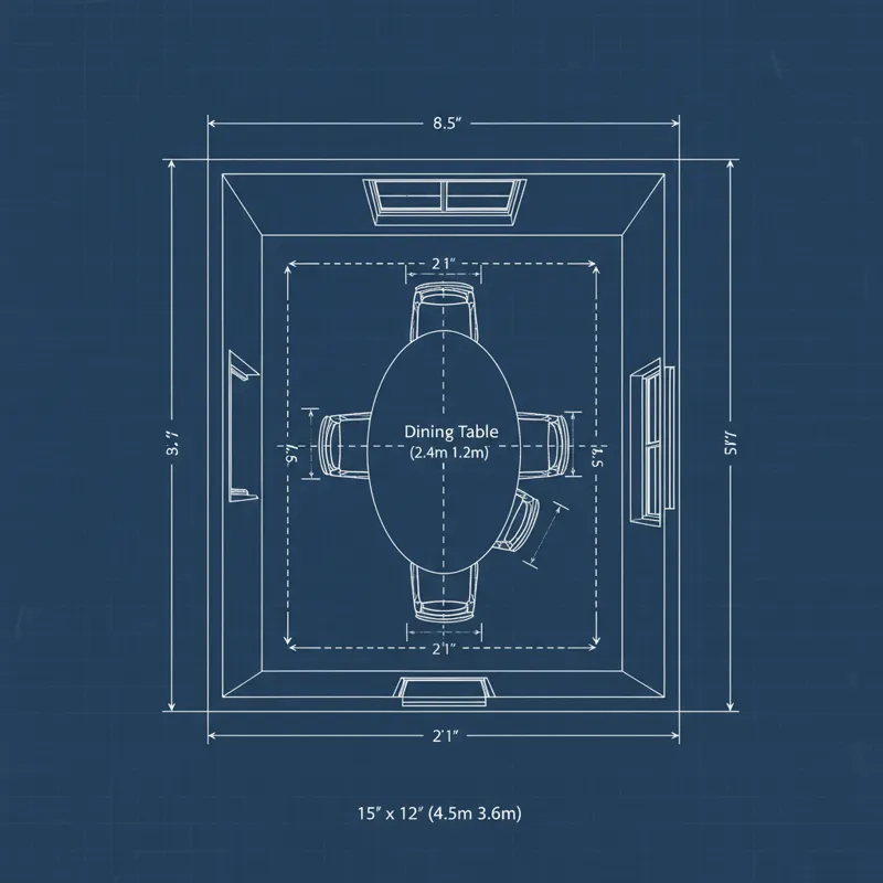 A blueprint-style overhead view of a dining room with measurements, showing a dining table and chairs with adequate clearance for movement.
