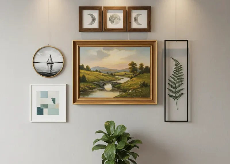 Stylish framed abstract art prints and decorative wall art pieces arranged as modern living room decor.