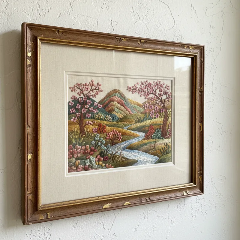 A beautifully framed piece of hand embroidery art hanging on a wall, showcasing its detail and protection.