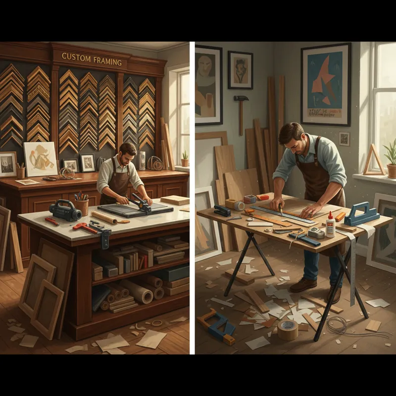 A split image showing a high-end custom frame shop on one side and a home DIY framing setup with tools and materials on the other.