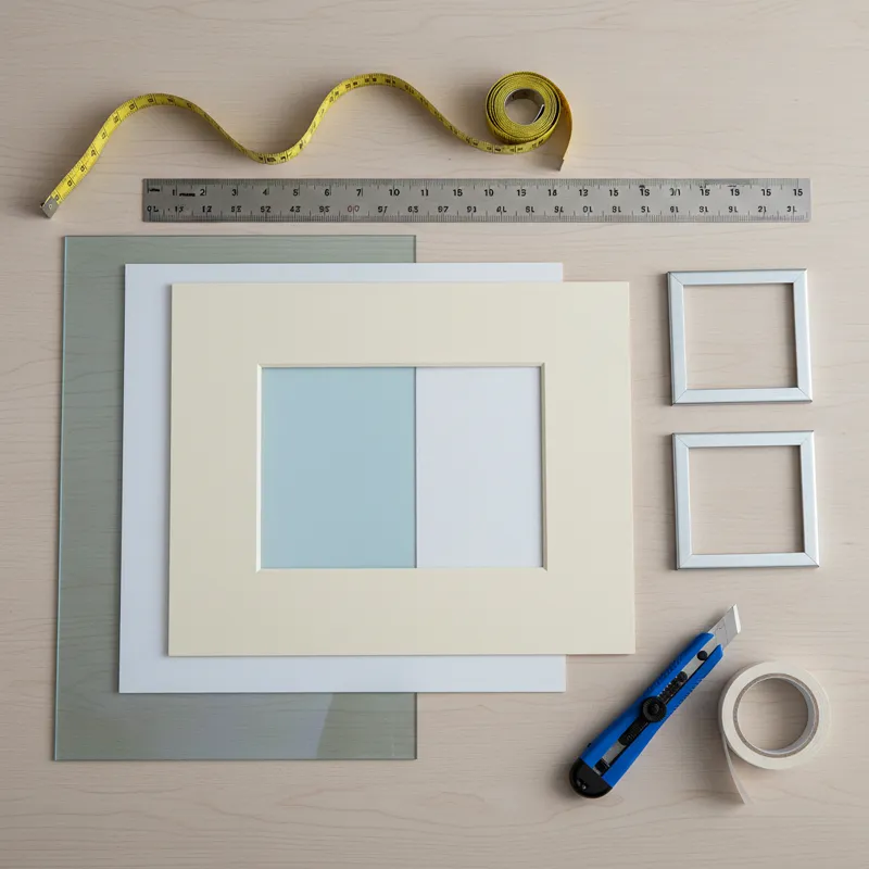An organized flat lay of framing materials: acid-free mat board, archival backing, UV-protective glass, frame corners, tape measure, ruler, craft knif